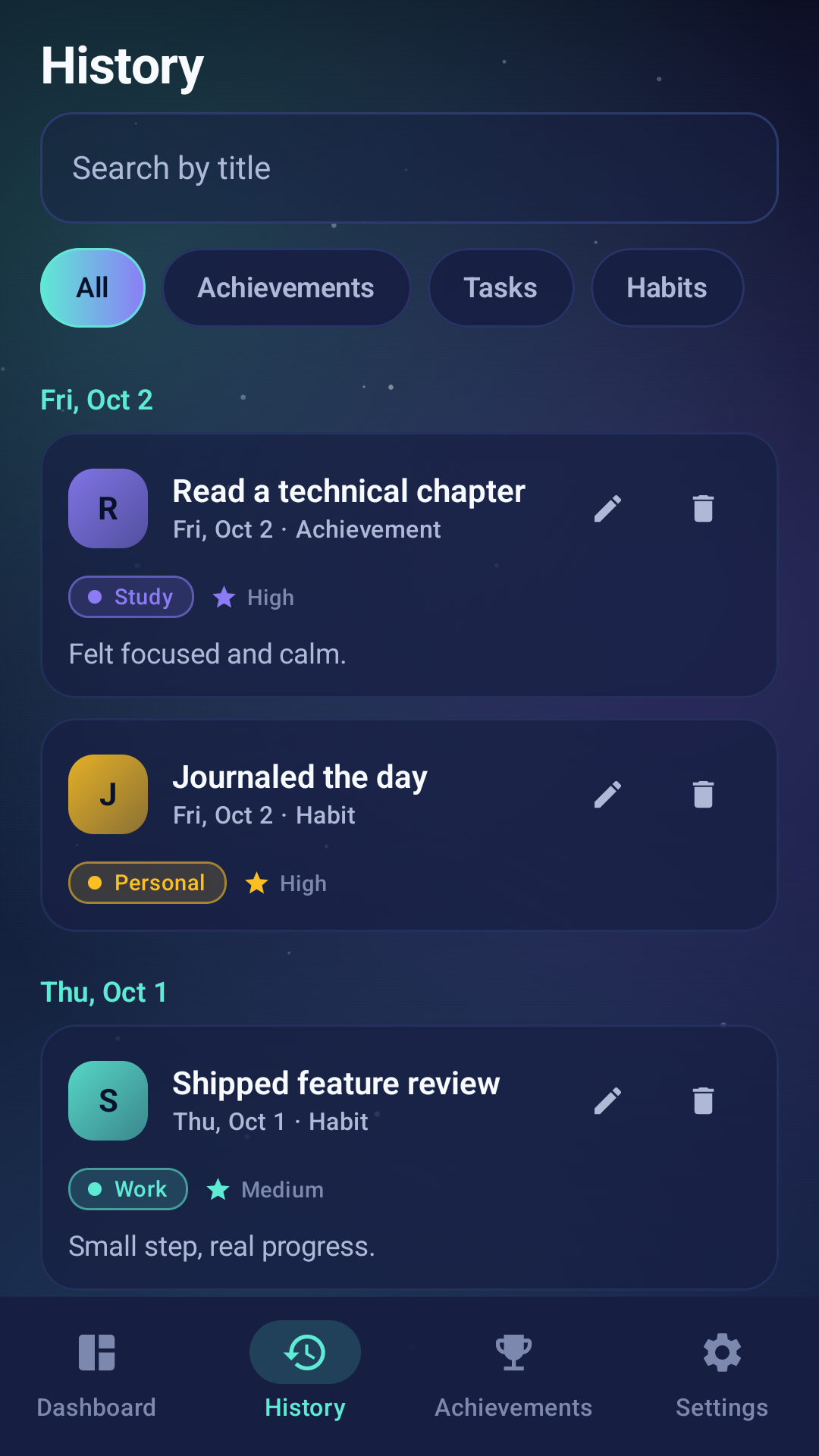 Clarity Dashboard history screen